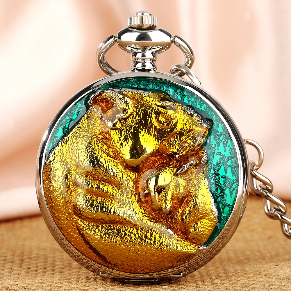 

Golden Charm Animals Silver Mechanical Hand Winding Pocket Watch Men Slice Buckle Fob Chain Vintage Manual Pendant Pocket Clock