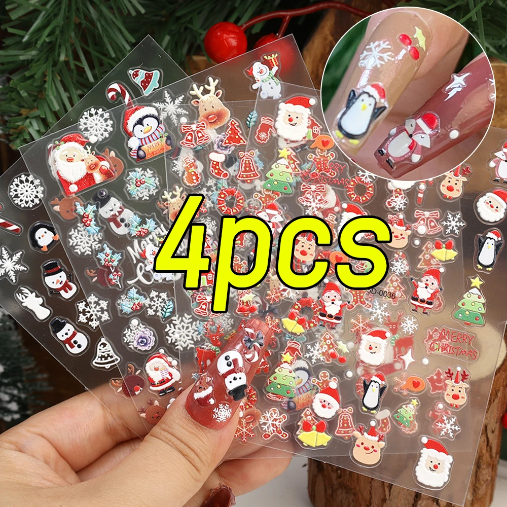 5D Christmas Nail Sticker Embossed Red Cute Elk Snowflake Winter Cartoon Self-adhesive Nails Slider Decals DIY Manicure New Year