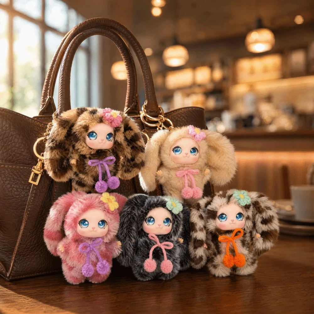 Cute Design Rabbit Ear Plush Keychain Flower Decoration Vinyl Face Bunny Vinyl Plush Keychain Plush Material
