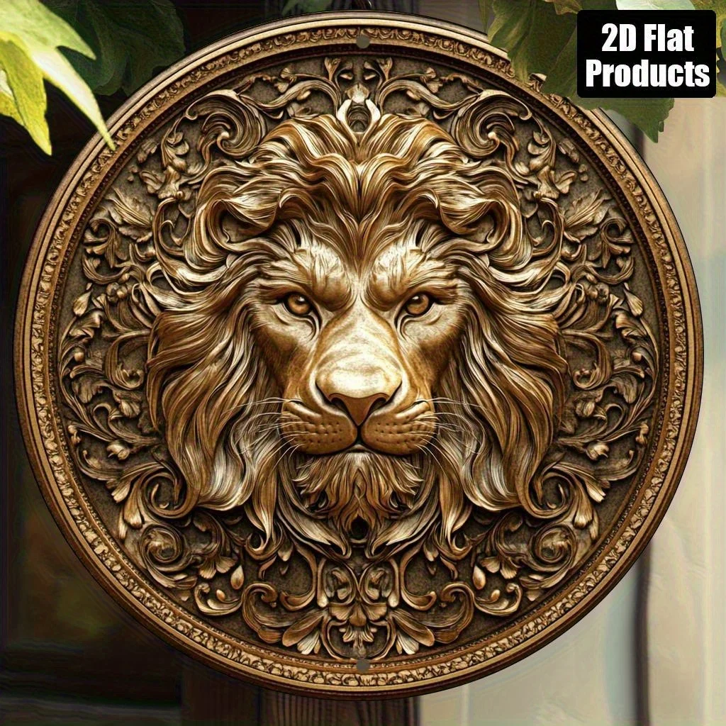 2D Flat - 1pc 7.87x7.87inch Aluminum 2D flat gifts home&seasonal decoration, Lion Head Circular Wall Art- Vintage Classic Design