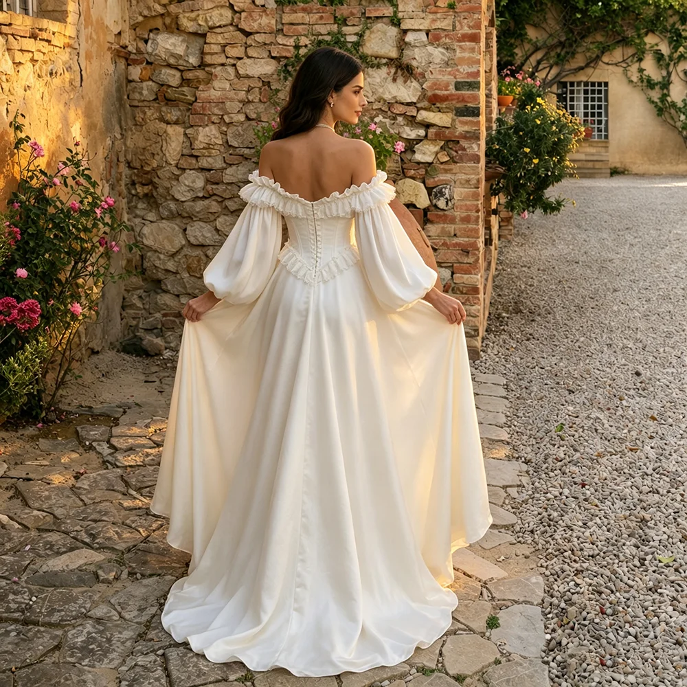 Vintage Off Shoulder Puff Sleeves Wedding Ball Gowns Ivory Satin Customized Corset Basque Lace Traim Rustic Long Maiden Dress