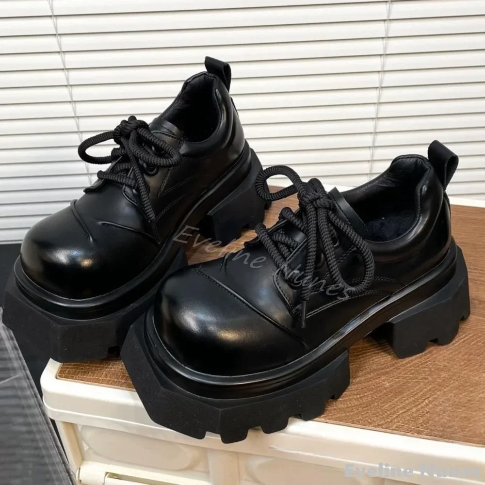 Thick Bottom Big Head Splicing Loafers Women Round Toe Cross Tied Black Leather Derby Shoes 2025 Autumn New Fashion Ankle Boots