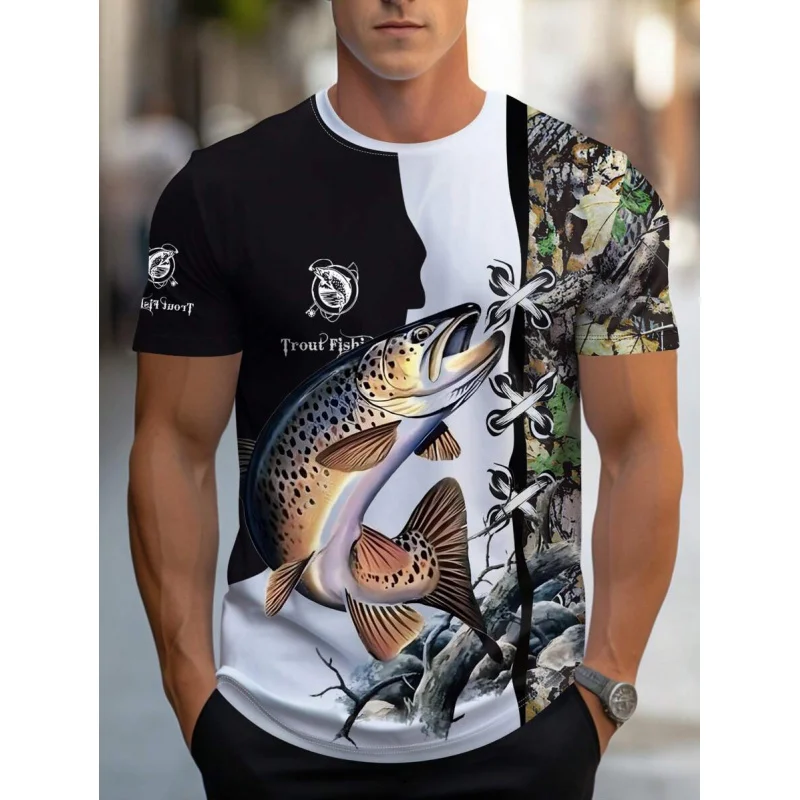 

Men's 3D Fish Print Round Neck Short Sleeve T-Shirt, Casual Summer