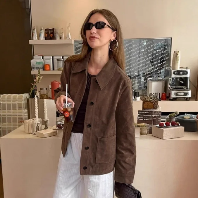 Vintage Brown Faux Suede Shacket Button Down Turn Down Collar Long Sleeve Pockets Loose Fit Commute Retro Winter Outerwear Coat