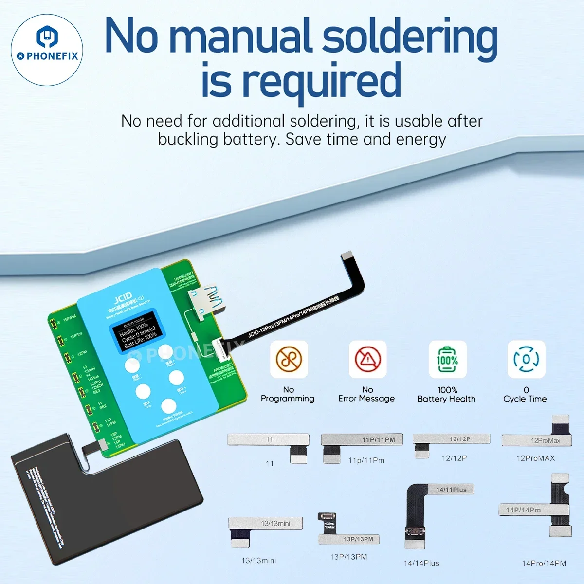 JCID Q1 แบตเตอรี่เครื่องทดสอบประสิทธิภาพแบตเตอรี่สุขภาพ Quick Repair Flex Cable สําหรับ IPhone 11-15 น. ปรับเปลี่ยนสุขภาพแบตเตอรี่ 100%