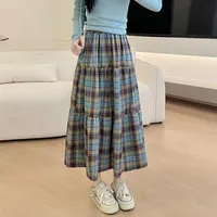Japanese Vintage A Line Plaid Skirts Women 2025 Summer High Waist Patchwork Long Skirts Woman Midi-length Umbrella Skirt Female