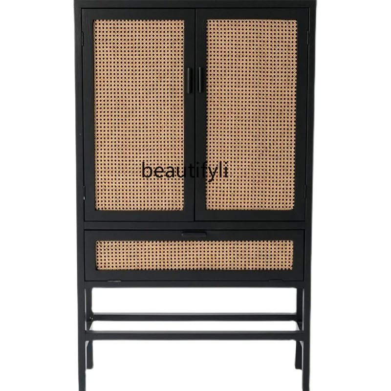 

Japanese-style solid wood rattan locker small apartment living room dining storage and breakfast double door entrance cabinet