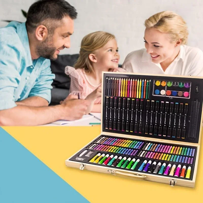 DIXSG 180 Wooden Box Marker Drawing Pen Set, 1 Wooden Box Children's Watercolour Pencil Set, Crayons, Watercolour Pencils