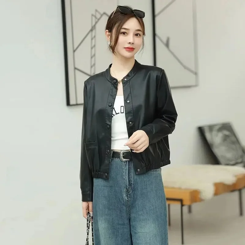 Female Fashion Round Neck Outwear Korean Women Large Size 4XL PU Leather Jacket Spring Autumn Ladies Faux Leather Short Coat