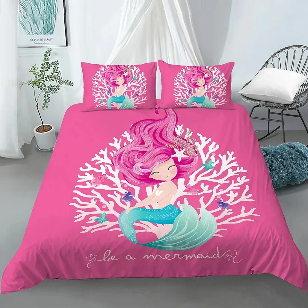 

Bedding Set Girls Mermaid Duvet Cover Set with Pillowcase Cartoon Edredones Niños Girl Princess Quilt Cover Full Size Bedspread