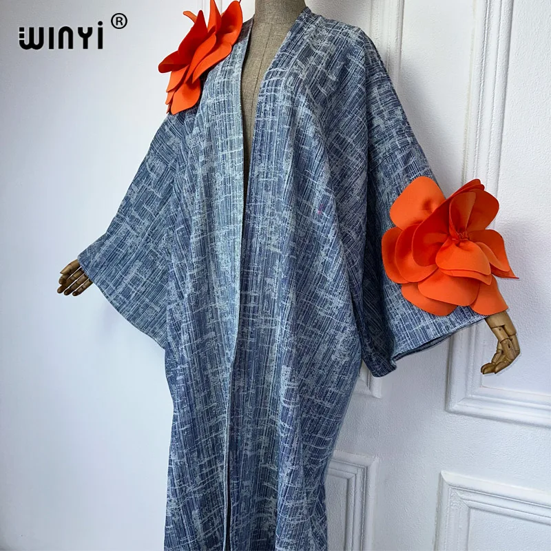 WINYI Kimono wybieg model wash denim sweter maxi sukienka elegancka impreza wakacje pływanie okrycie plażowe modna sukienka abaya