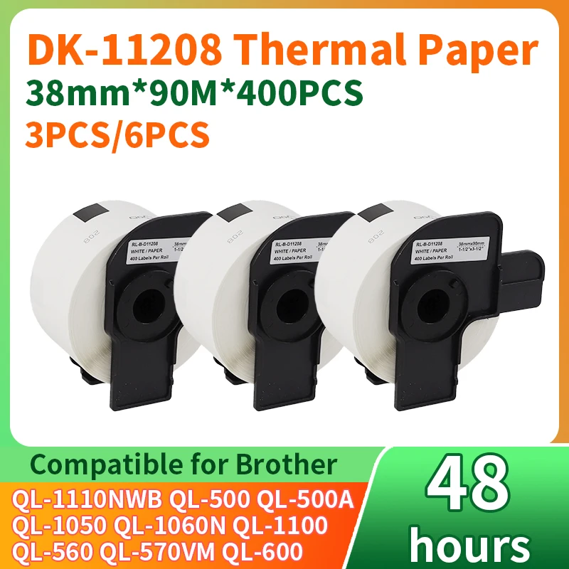 3/6Rolls DK11208 38mm*90m 400PCS White Thermal Paper DK-11208 for Brother QL-500 QL-570 QL-800  QL-560 Label printer Paper Label