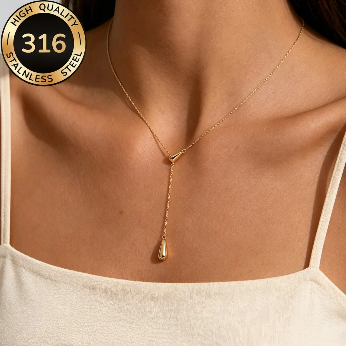 316L Stainless Steel Water Drop Charm Pendant Sweater Tassel Necklace Minimalist 65cm Party Long Chain Clavicle Choker for Women