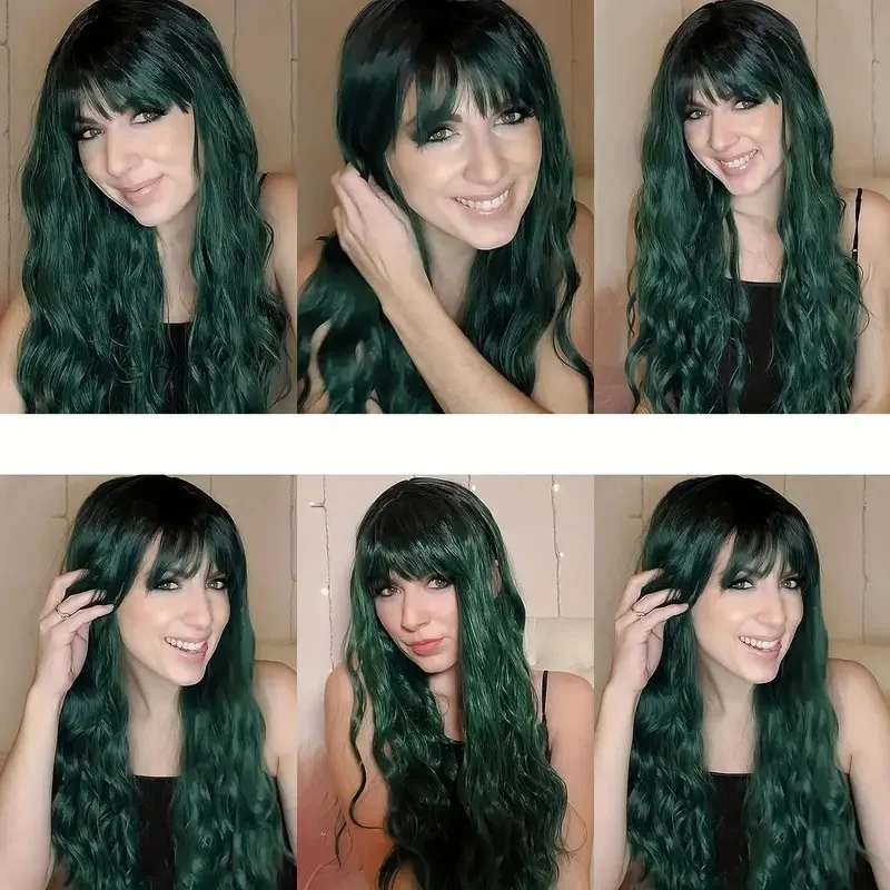 EASIHAIR Long Green Curly Wavy Synthetic Wig with Bangs Dark Green Colorful Cosplay Wigs for Women Natural Hair Heat Resistant image 5