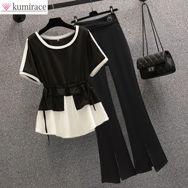 

2022 Summer New Elegant Women's Pants Set Fashion Stitching Chiffon Shirt Wide Leg Pants Two-piece Set Female Blazer Blouse