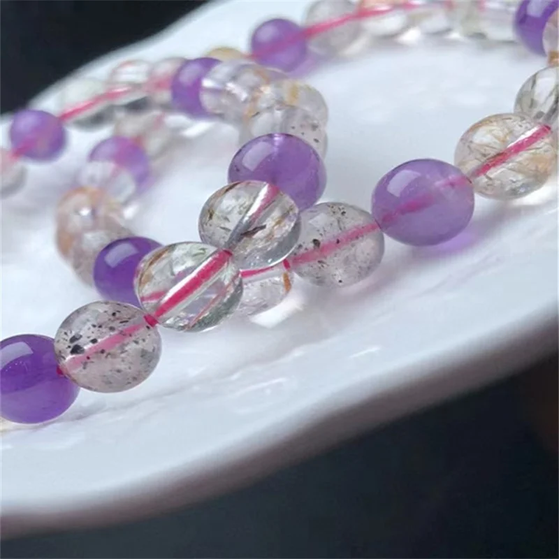 8mm Natural Purple Super Seven Rutilated Quartz Bracelet Clear Round Beads Women Men Jewelry Fashion Gift