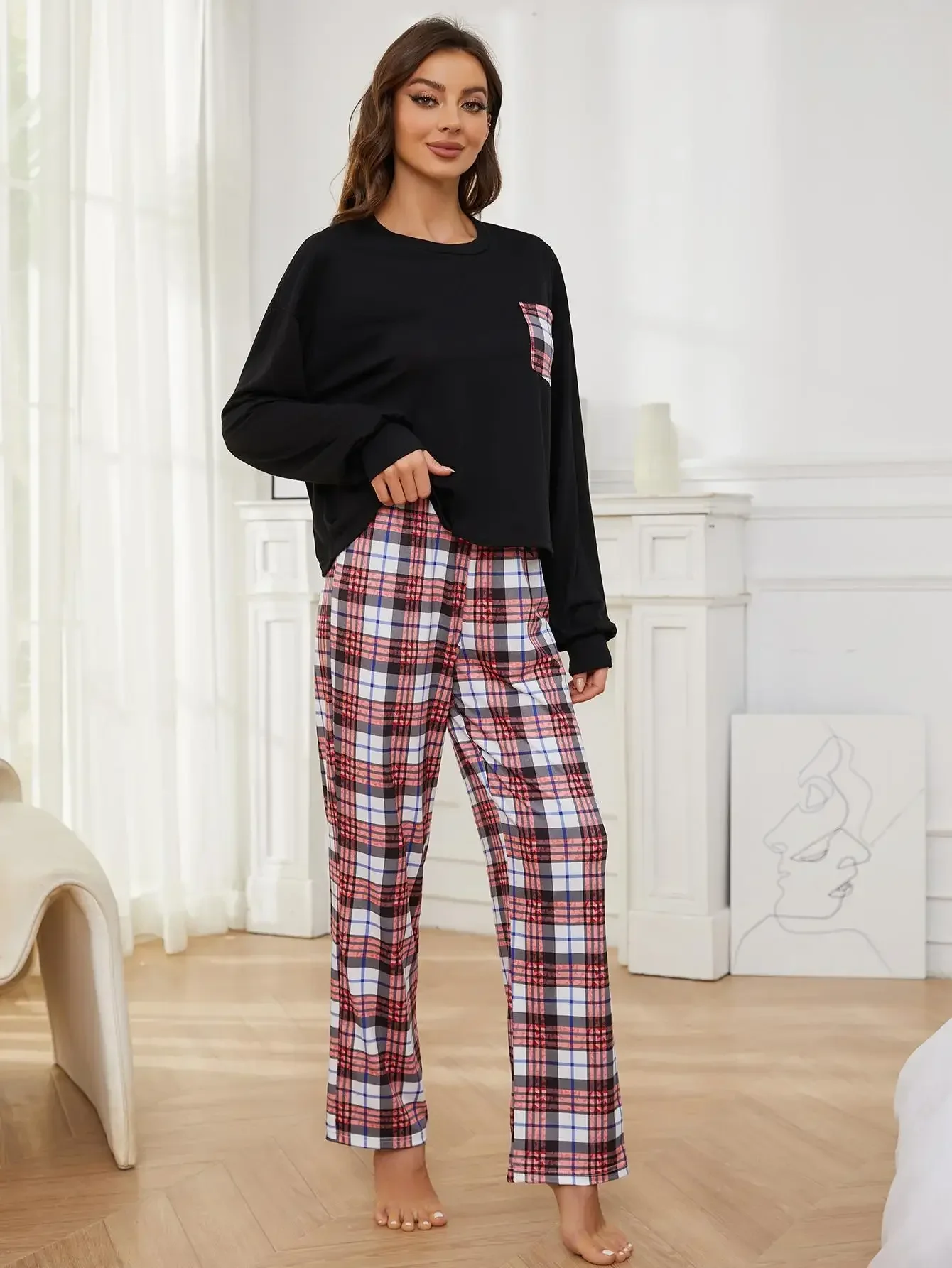 Women Pajama Set Long Sleeves Screw Neck Top & Plaid Full-Length Pants Fall Winter Spring Female Sleepwear 2 Piece Nightwear