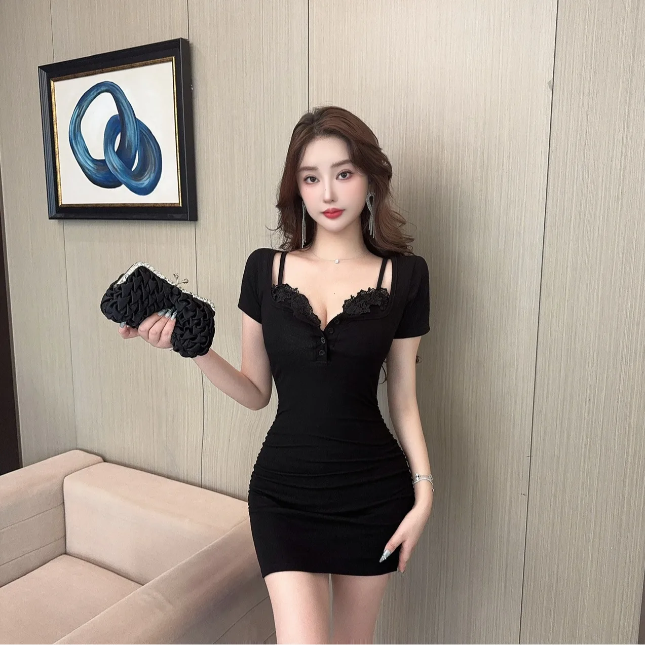 

Pure Desire U-Ne Strap Dr Women's Autumn Winter Slimming Ruffle ort Sve Dr High Waist Cotton Fiber Spring Summer