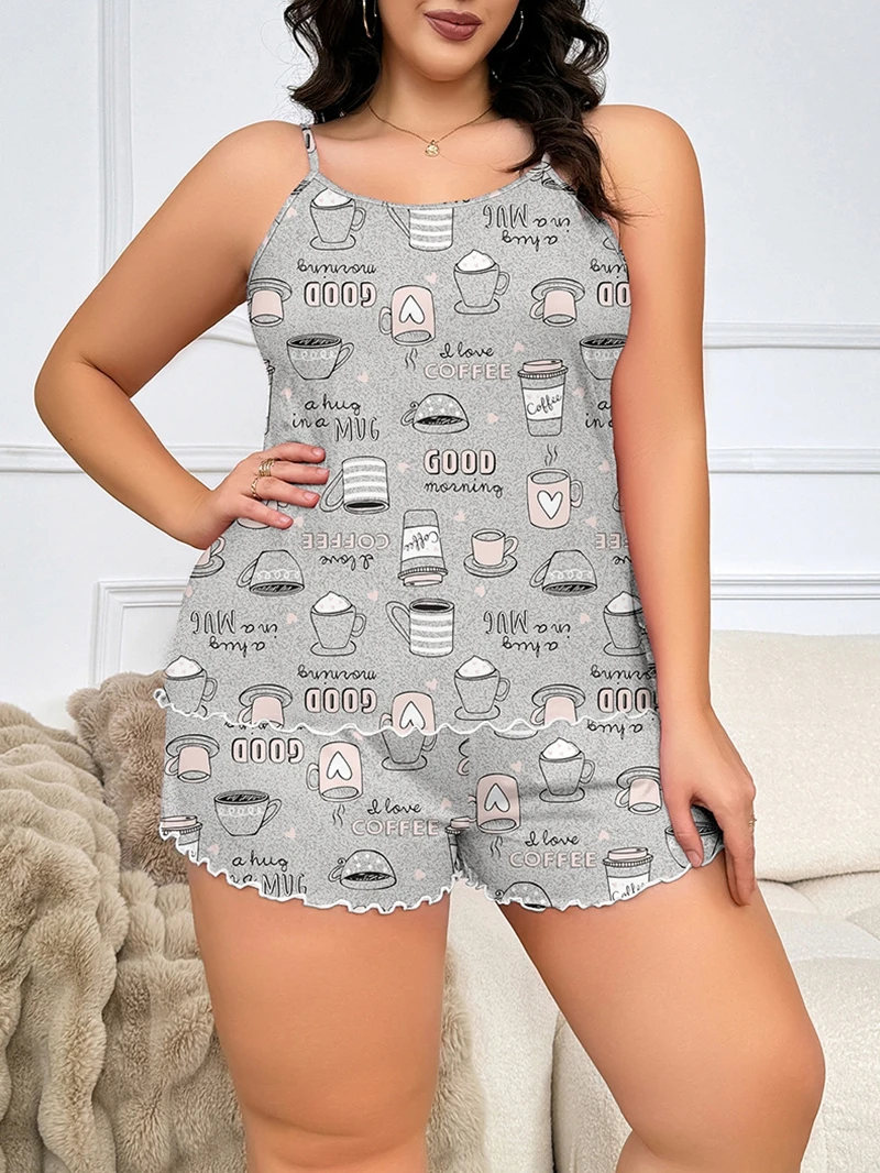 

Женский пижамный костюм из двух предметов, милая кофейная чашка с принтом на подтяжках и эластичными шортами, летняя одежда для дома и одежда для сна, пижамы