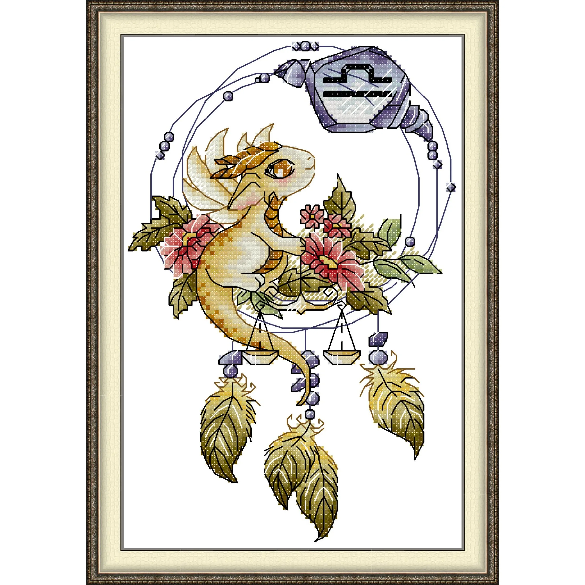 News Pre-Printed Cross Stitch Kit, Stamped Aida Fabric With DMC Threads, Embroidery Kit, Easy To Follow - Dragon Libra