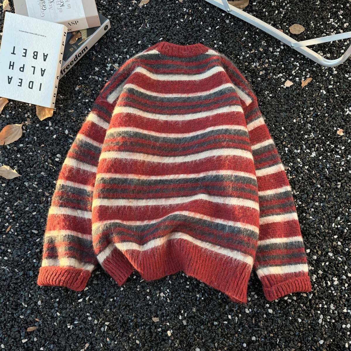 

Американский ретро полосатый цветной дизайн, круглый свободный вязаный свитер, осень-зима, универсальный ленивый повседневный свитер