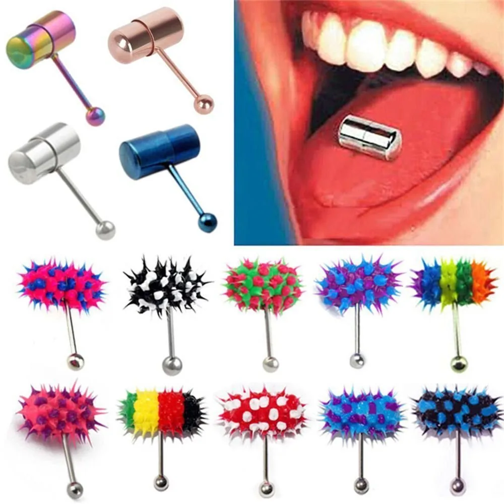 MODRSA 1Piece Hip Hop Rubber Vibrating Tongue Ring 1.6*18*5mm Stainless Steel Barbell Tongue Piercing Punk Unisex Body Jewelry