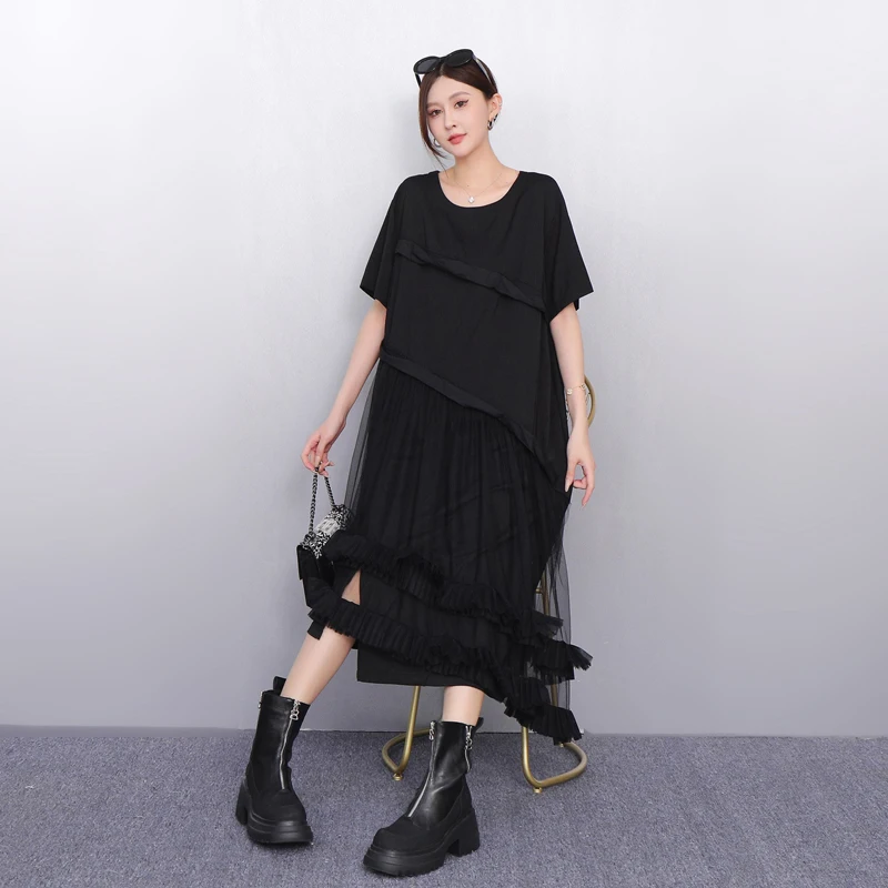 2025春夏新作 レディース イレギュラーメッシュTシャツ ルーズロングワンピース 半袖ワンピース 卸売 J1179