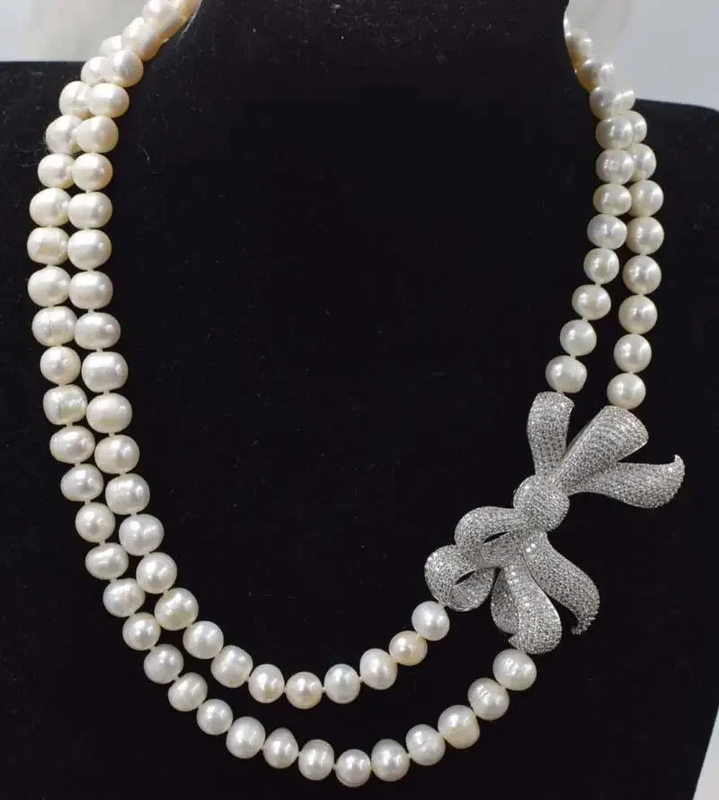 2rows freshwater pearl white near round 8-9mm necklace 17-18inch FPPJ wholesale beads nature