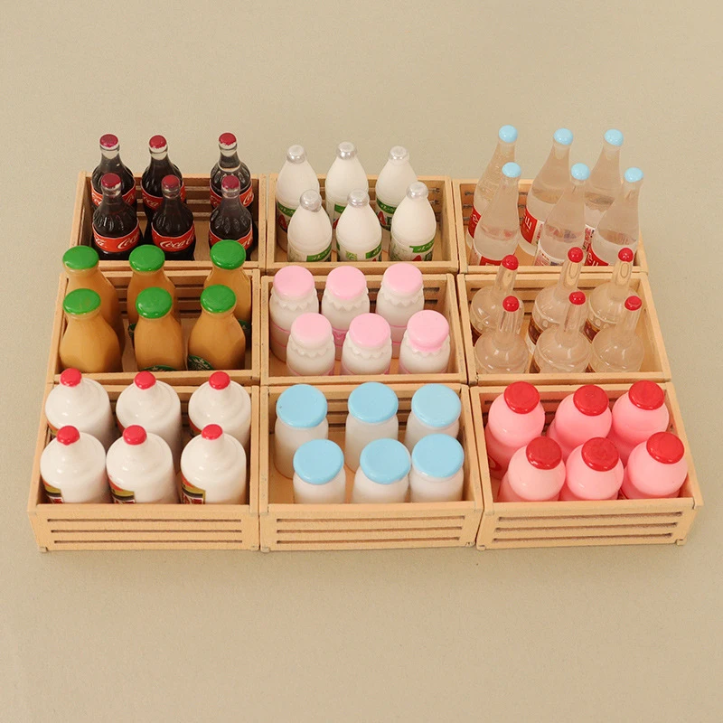 1Set 1:12 Dollhouse Miniature Milk Bottles W/Storage Frame Wine Bottle Drink Holder Kitchen Decor Toy Doll House Accessories