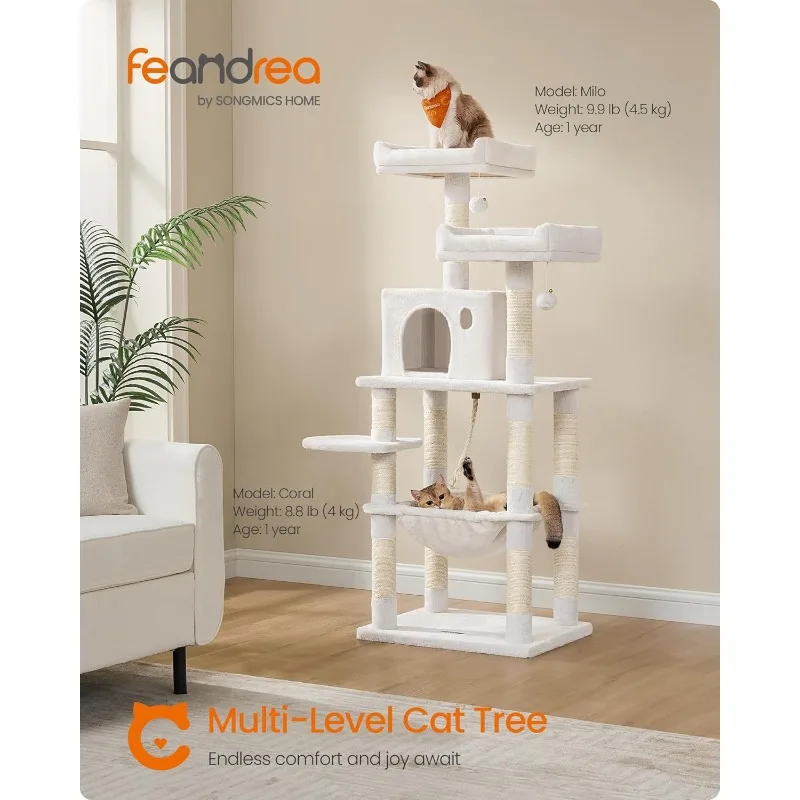 Feandrea Cat Tree, 56.3-Inch Cat Tower for Indoor Cats, Multi-Level Cat Condo with 11 Scratching Posts, 2 Perches, Cave, Hammock