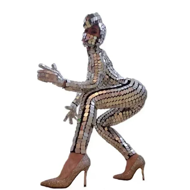 Costume serpent miroir argenté pour femmes, Costume élastique pour spectacle sur scène, accessoires de danse mécanique, spectacle réfléchissant miroir