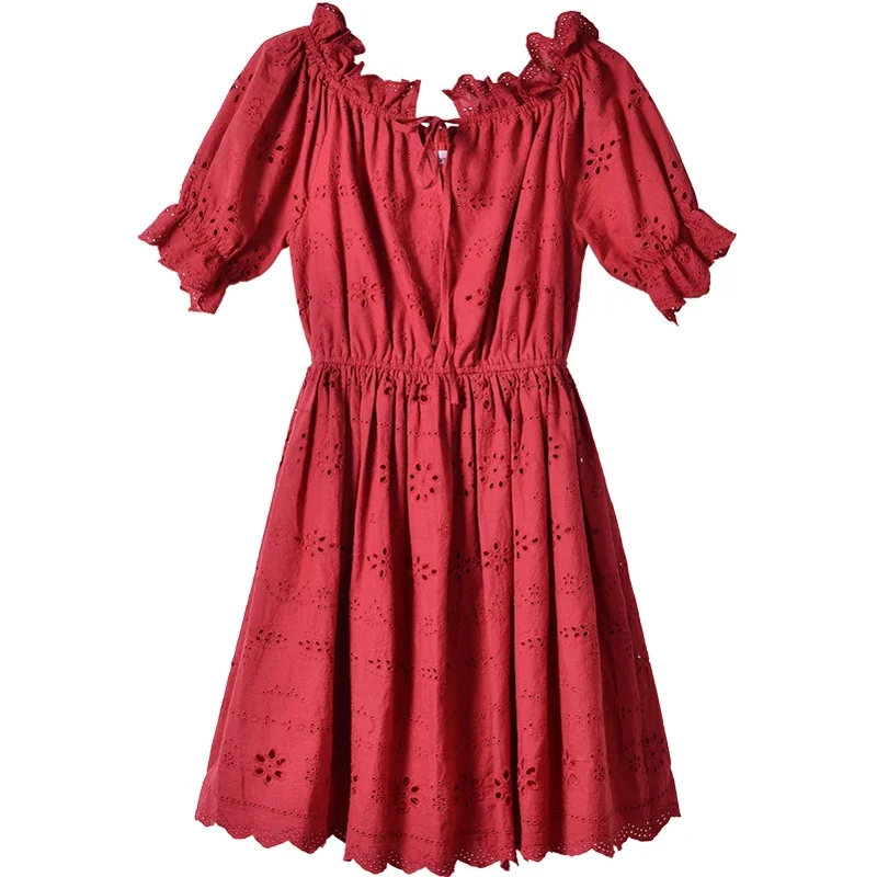 MISHOW Vintage Dresses Women Summer Fashion Puff Short Sleeve Mini Red Hollow Out Casual Beach Vacation Dress Female MX18B1240