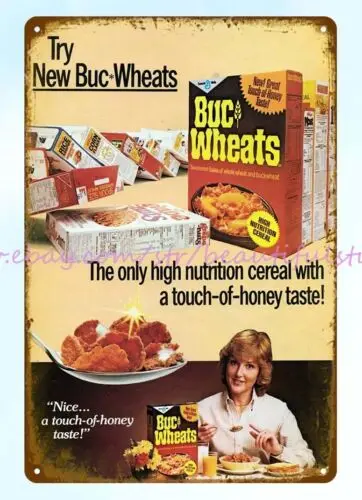 Letrero de hojalata de metal para desayuno infantil, cereales de trigo sarraceno, bucal, 1980s