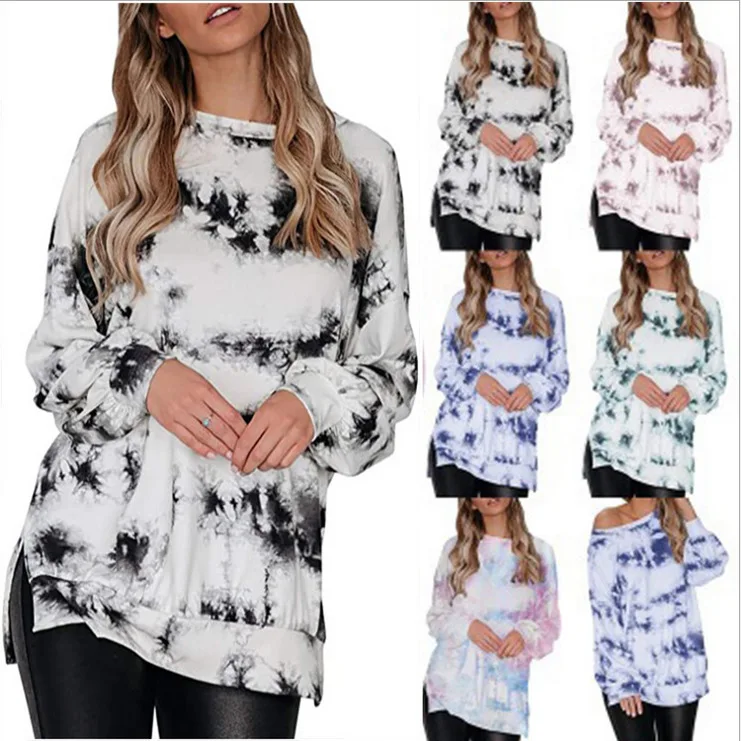 

2025 Autumn and Winter Tie-dye Gradual Change Color Round Neck Split Pullover Loose Sweater