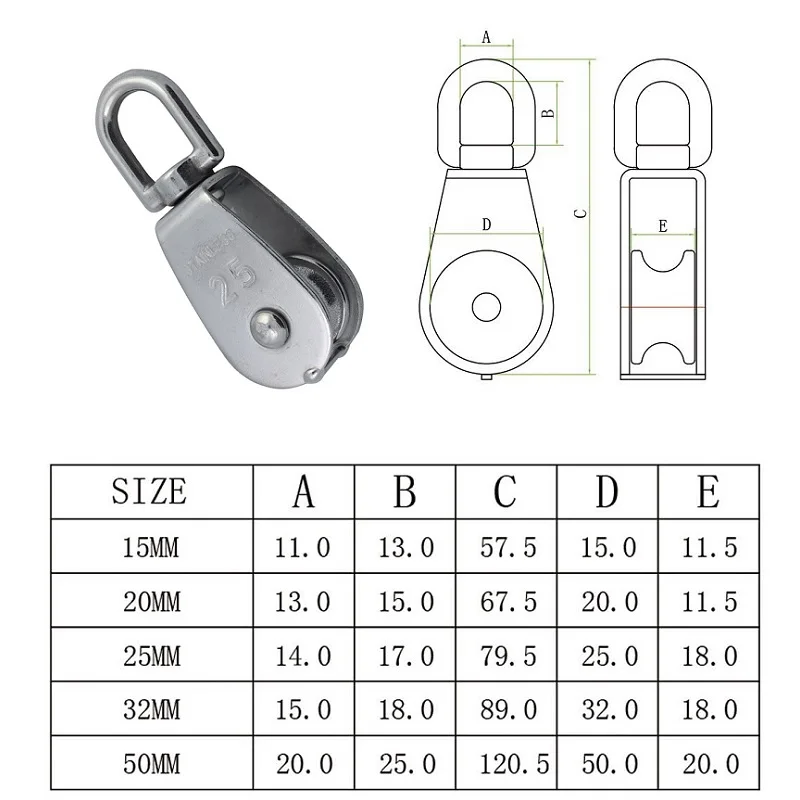 Swivel Pulley Rigging Hardware 304 Stainless Steel Wire Rope Crane Pulley Block Hanging Wire Towing Wheel
