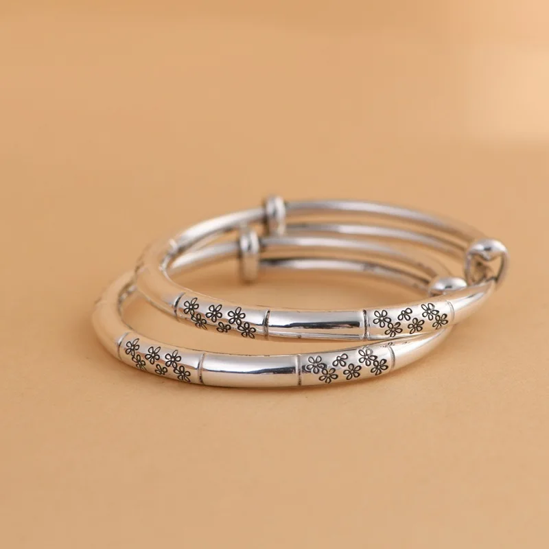 

1 пара = 2 шт. тайские серебряные браслеты с маленькими цветами для маленьких девочек, блестящие серебряные 999 пробы, детский браслет, регулируемые бамбуковые браслеты