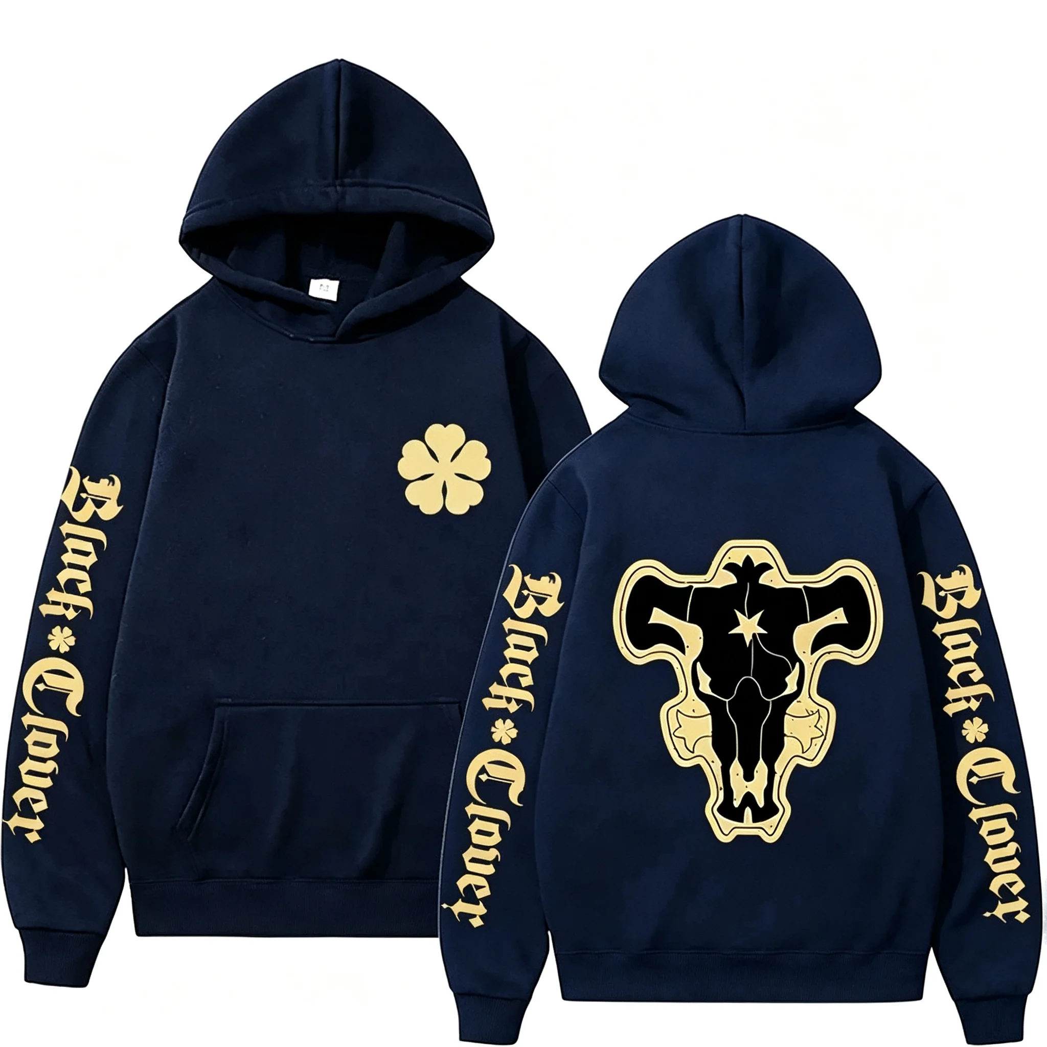 2026 Herbst Black Clover Black Bull Hoodie mit mehreren Prints, vorne mit Kleeblatt-Emblem, hinten mit Bullenschädel, Unisex, Oversized, Y2K-Hoodie – Detail 5