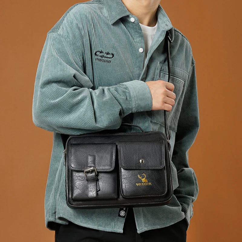 Men Cross body Messenger Shoulder Tote Bags Multi-Purpose Business Briefcase Retro PU Leather Male Handbag Top Handle Bag