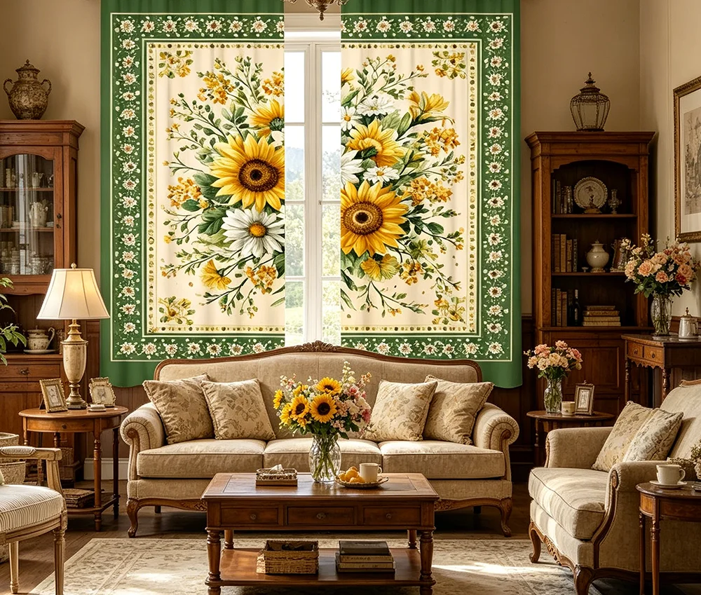 2PCS Digital Printed Curtains, Daisy Flower Lace Border Cottage Style, Rod Pocket Window Drapes for Living Room Bedroom Decor