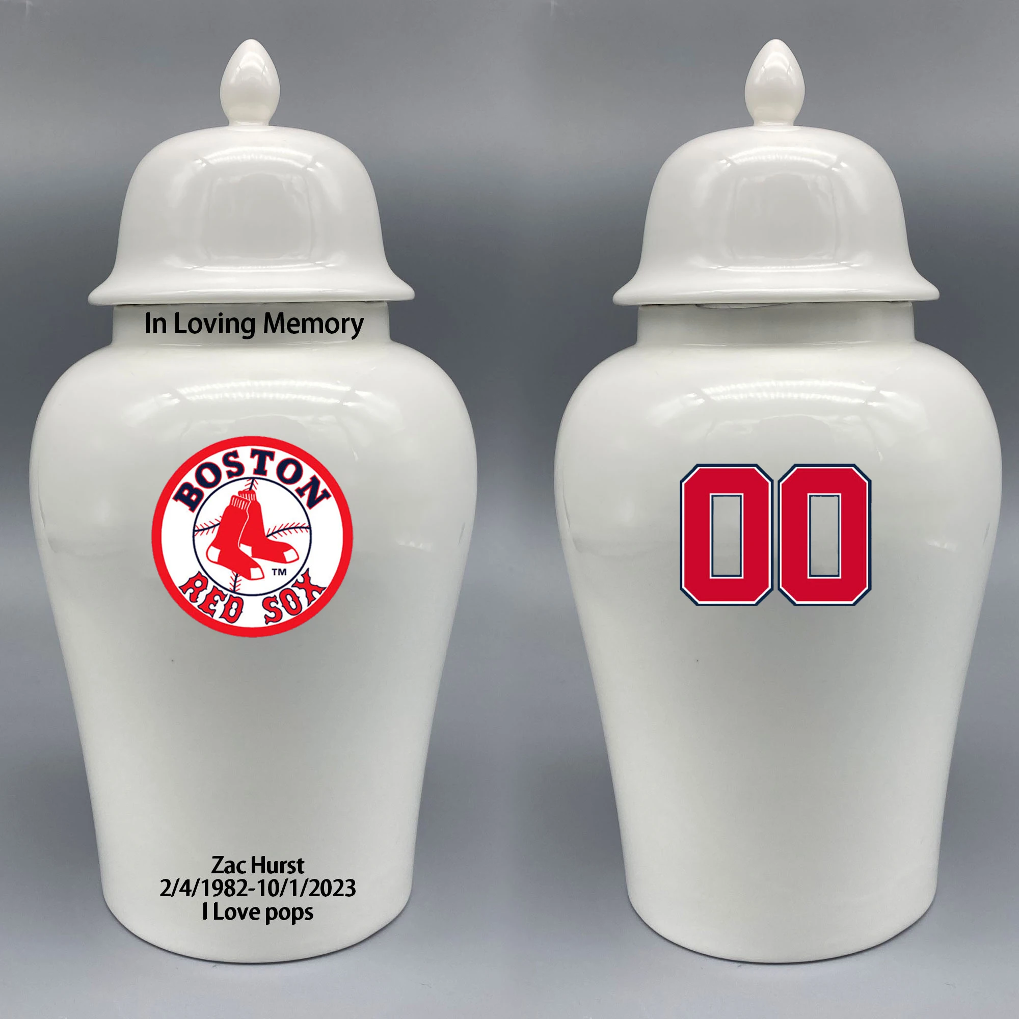 Large Urn for Boston Red Sox-themed Logo Urn.Please send me the customize information-name/date and number on the urn