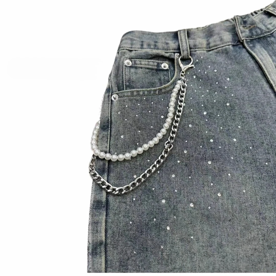 Korean Fashion Heavy Industry Hot Drilled Pearl Denim Shorts Vintage Washed Distressed Unisex Trendy Slim Fit Five-Point Shorts