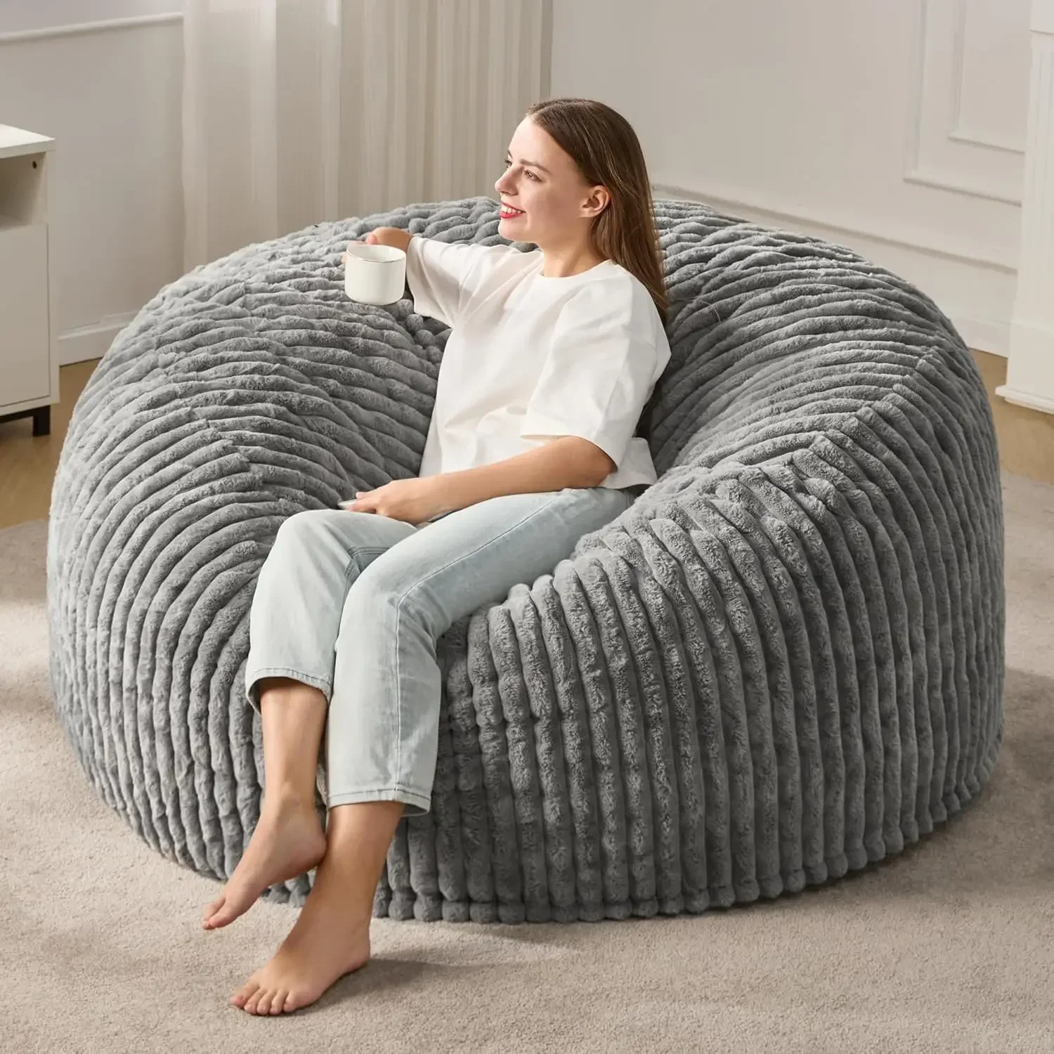 

5ft Bean Bag Chairs for Adults Large Beanbag Chair with Stripe Plush Cover Big Bean Bag Chair for Living Room Bedroom Dorm Offic