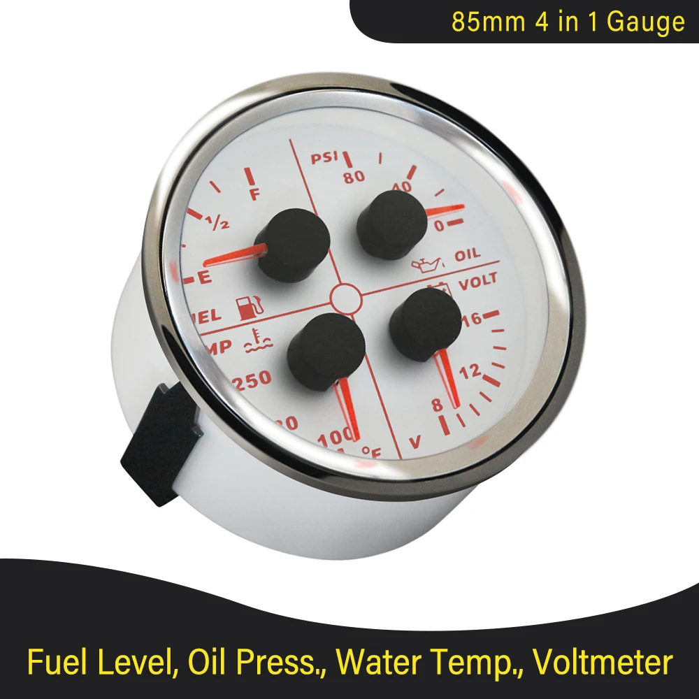 ELING 85mm Fuel Level 0-190 ohm 240-33 ohm Oil Pressure Water Temp Voltmeter 4 in 1 Multi-function Gauge Red Backlight 12V