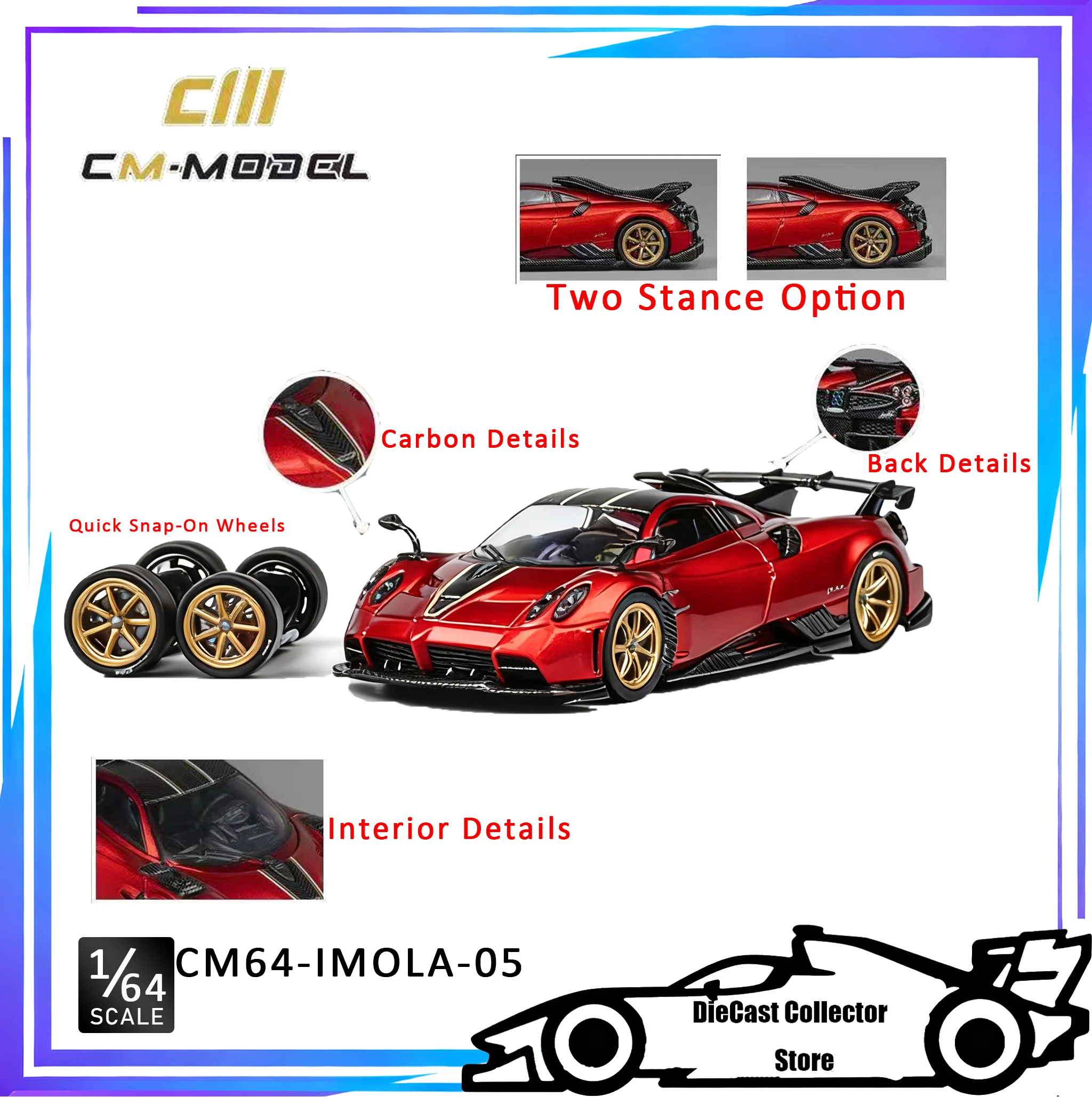 CM Model 1/64 Pagani Imola  Red 0uick Snap-0n Wheels Two Stance Option Alloy Car Model Children Gift