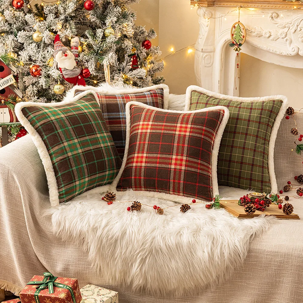 

New Christmas Plaid Plush Edge Pillowcase, Winter Imitation Rabbit Fur Living Room Sofa Cushion New Christmas Party Decoration