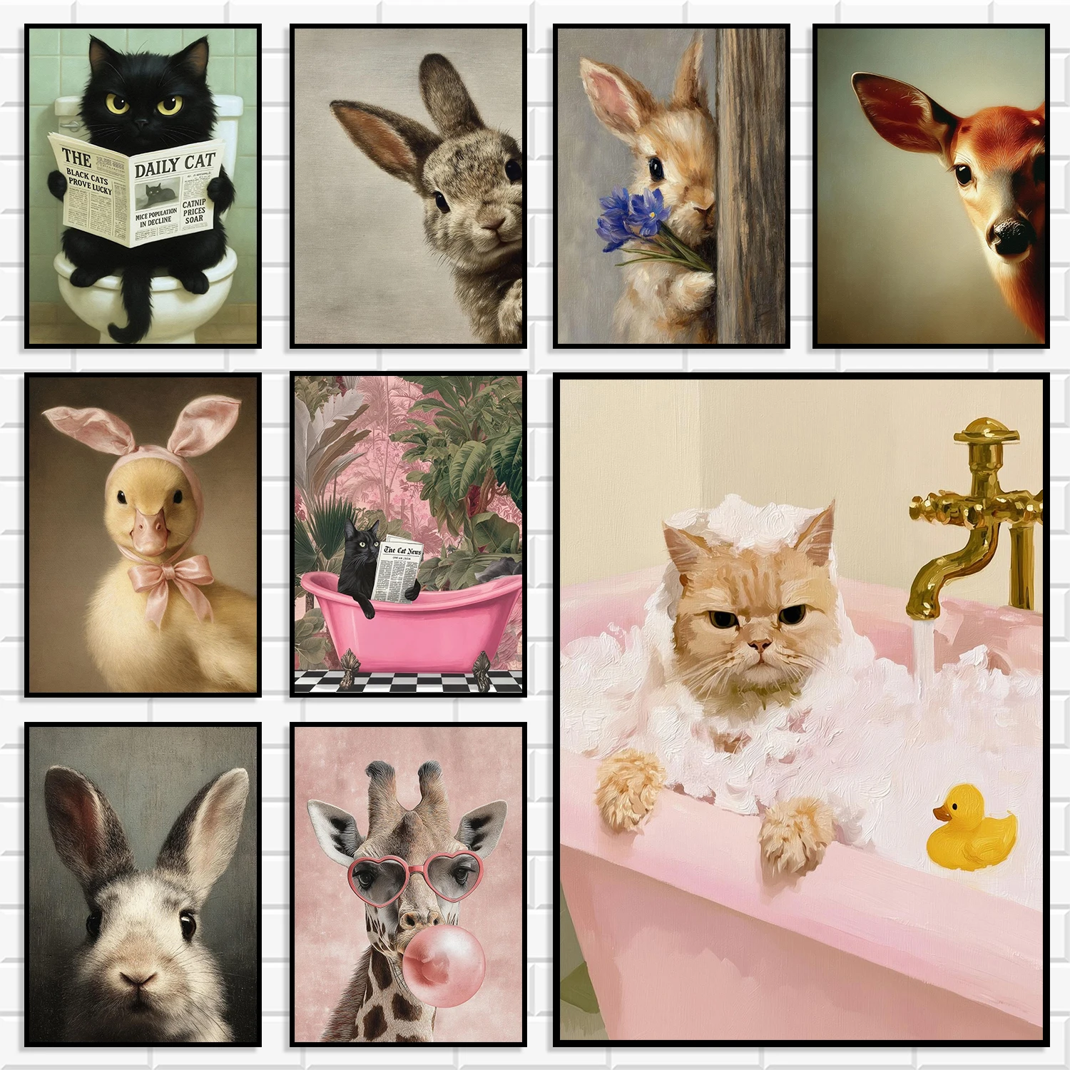 Vintage Funny Pet Canvas Print Lovely Cat Rabbit Deer Giraffe Pattern Wall Art Modern Bathroom Living Room Kids Room Decorative