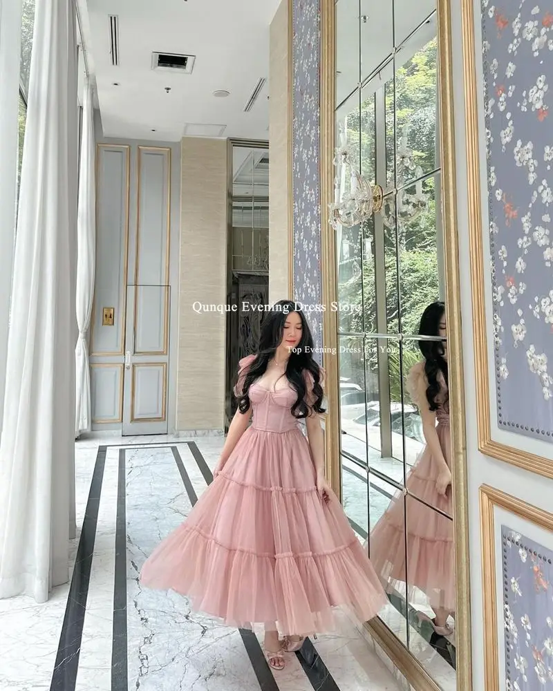 Qunque Straps Tulle Formal Prom Dresses Customized Skirt Ruched A Line Evening Gowns فساتين سهرة Women Cocktail Robes De Soirée