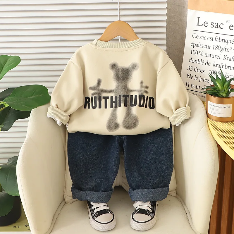 Kids Boys Outfit 2025 Autumn Baby Boy Clothes 1-5T Letter Printed O-neck Pullover Tops and Jeans Two Piece Set Children's Suit
