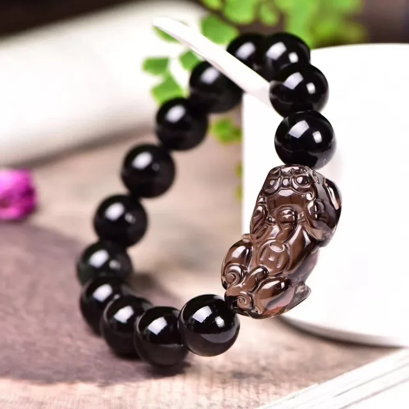 Obsidian Double Pixiu Black Obsidian Tibetan Silver Pixiu Bracelet Rainbow Eye Obsidian Pixiu Bracelet