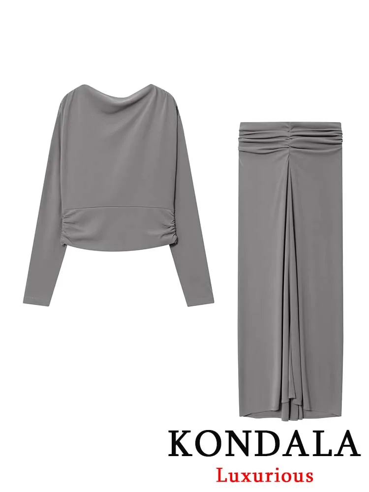 

KONDALA Vintage Casual Women Gray Solid Suit Pullover O-Neck Long Sleeve Backless Tops Folds Long Skirt New Fashion 2025 Sets